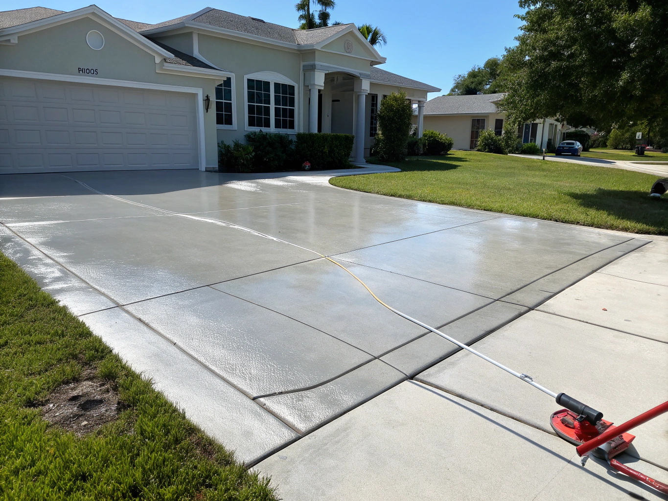 Professional pressure washing equipment cleaning a residential driveway in Idaho