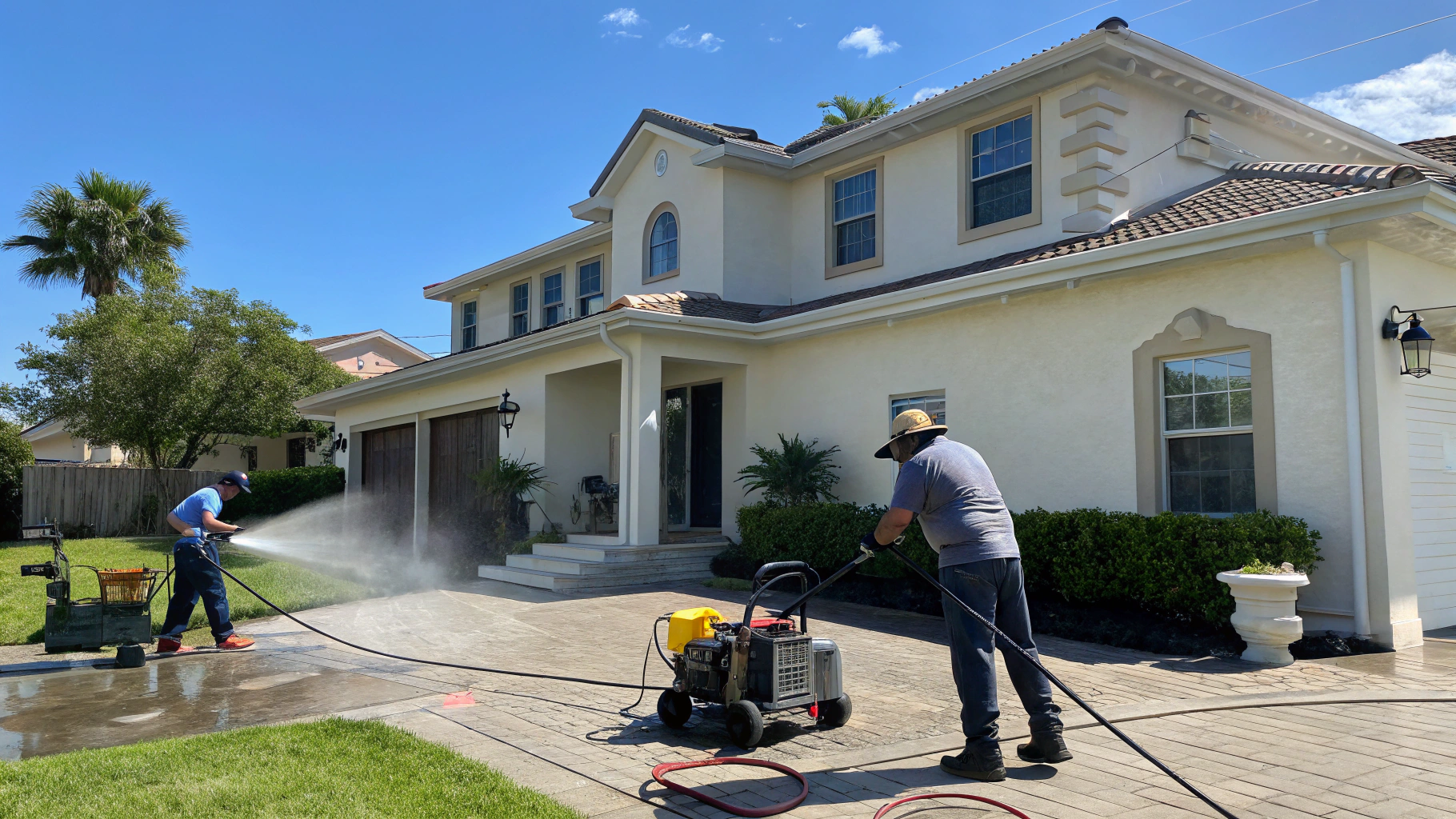 Professional exterior cleaning service in progress on a residential home