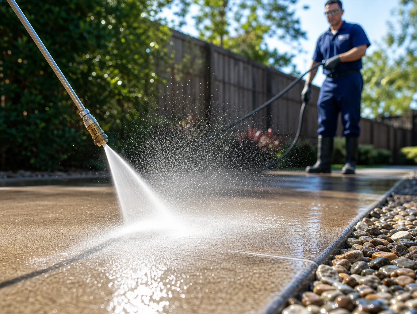 Pressure washing concrete driveway
