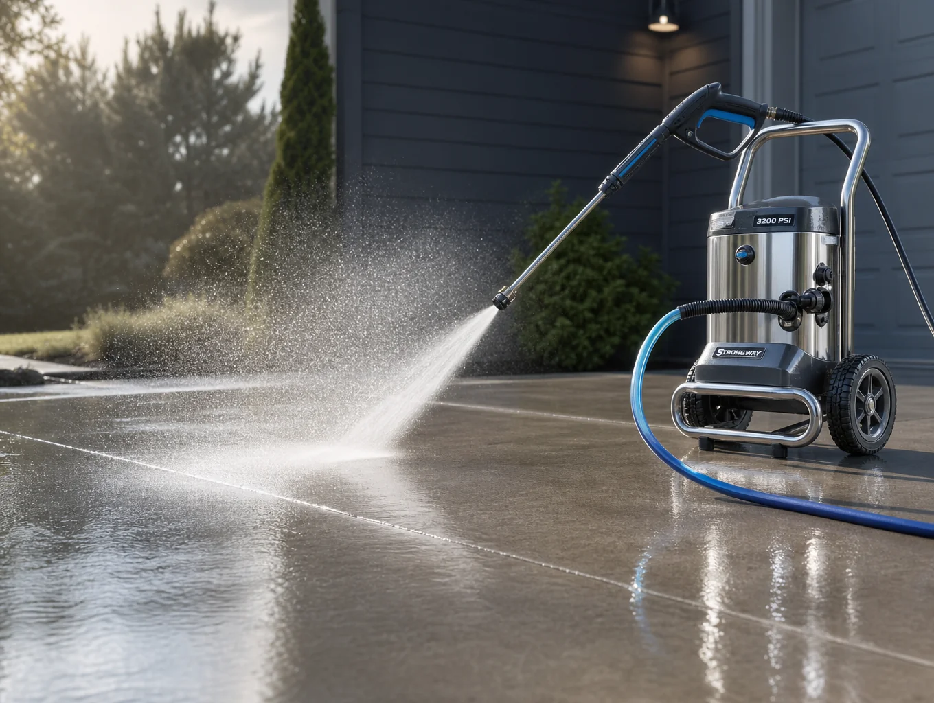 Pressure washing concrete driveway